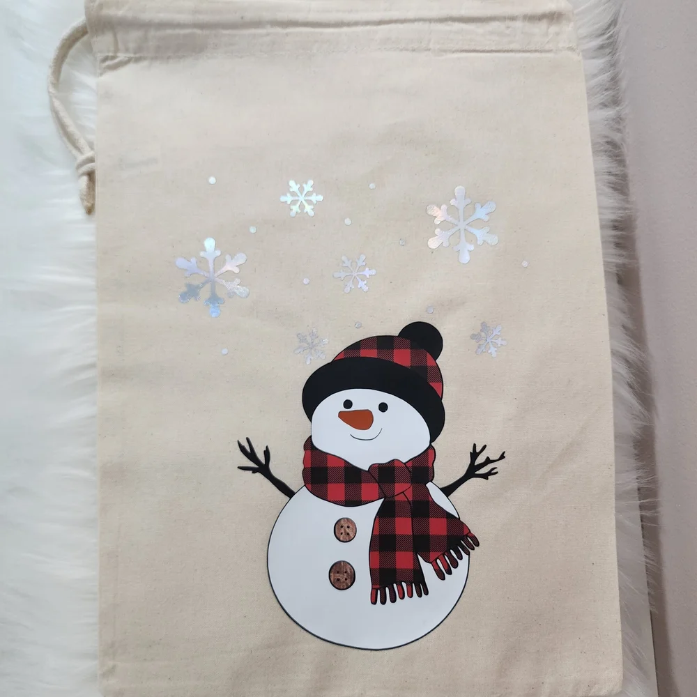 Festive Snowman Holiday Tote - Red Black Buffalo Plaid